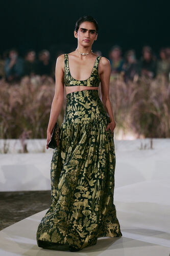 Masara Handwoven Benarasi Silk Skirt Set - Green, Green, image 1